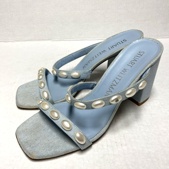 STUART WEITZMAN Pearlita Studded Denim Slide Sandal Light Blue Open Toe 10 - Picture 5 of 8